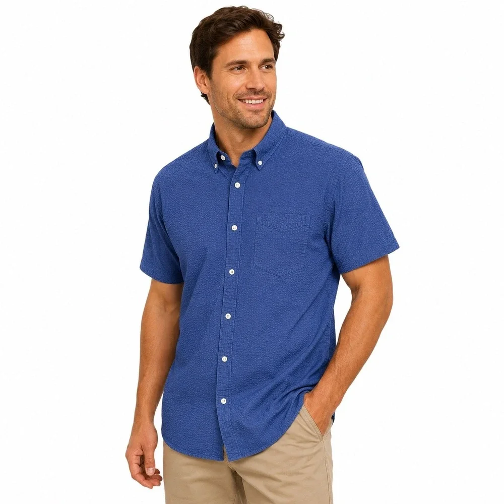Banana Republic Mens Large Blue Seersucker Short Sleeve Button Down Shirt Cotton